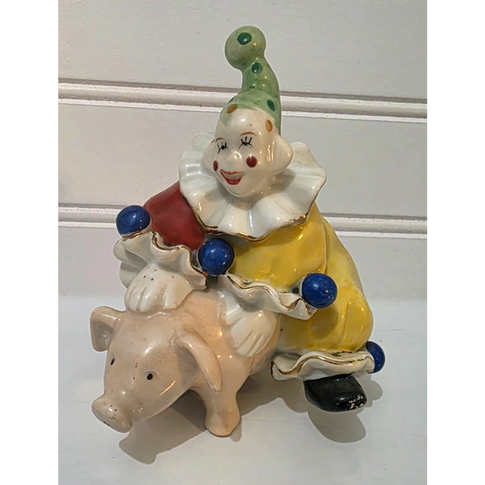 Orion Circus Clown Riding Pig Figurine Made in Japan Porcelain 4.75" by 4"